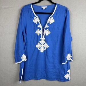Charter Club Top Womens XL Blue Tunic Embroidered Linen V Neck 3/4 Sleeve Blouse